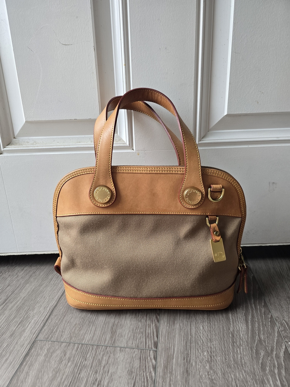 Vintage Dooney Bourke Cabriolet Dome Satchel Canvas Tan Arch Handles Made USA